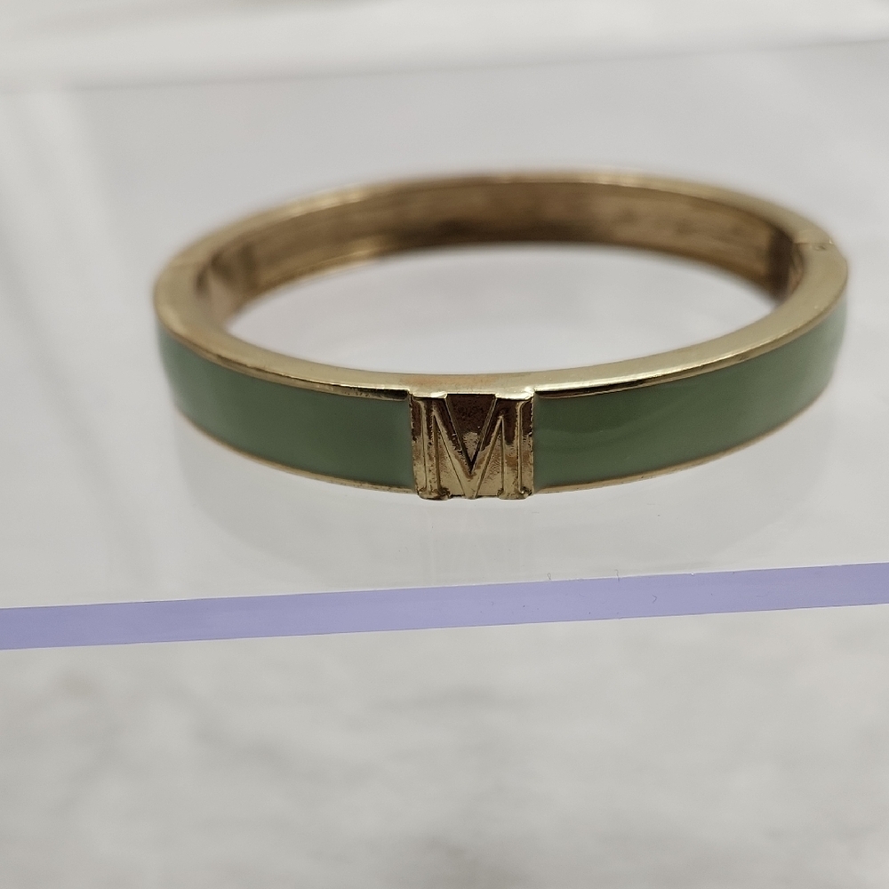 Seafoam Green Enamel Initial "M" Hinged Bangle Bracelet Gold Tone